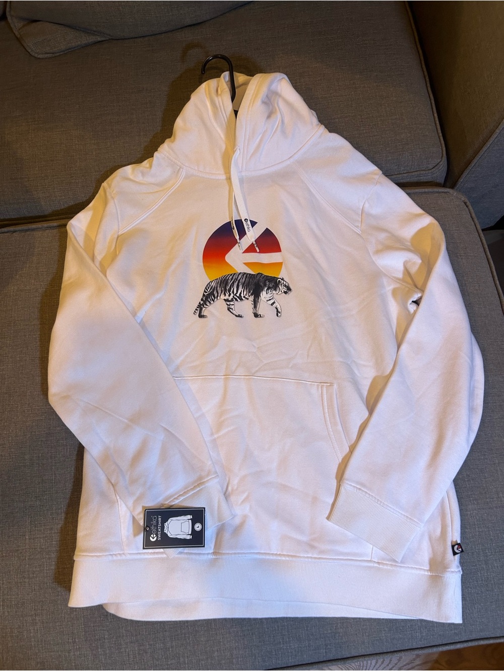 ethika White Hoodie with Sunset Gradient and Tiger Motif